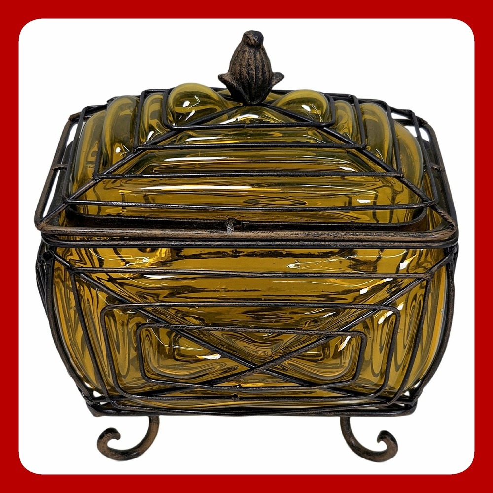 Amber Hand Blown Glass Bronze Cage Wire Frame Jewelry Trinket Box Case Encased